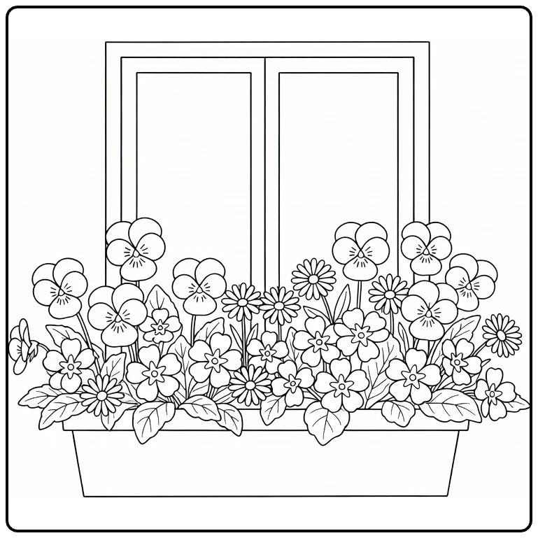 lente bloemen kleurplaat met bloeiende vensterbank