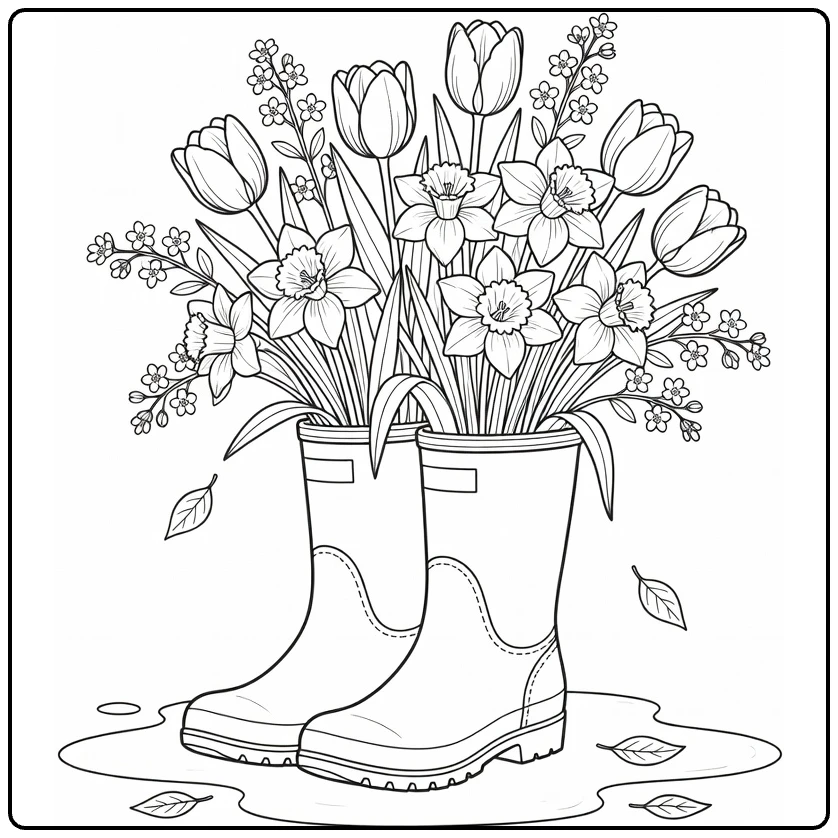 lente bloemen kleurplaat met regenlaarzen vol tulpen