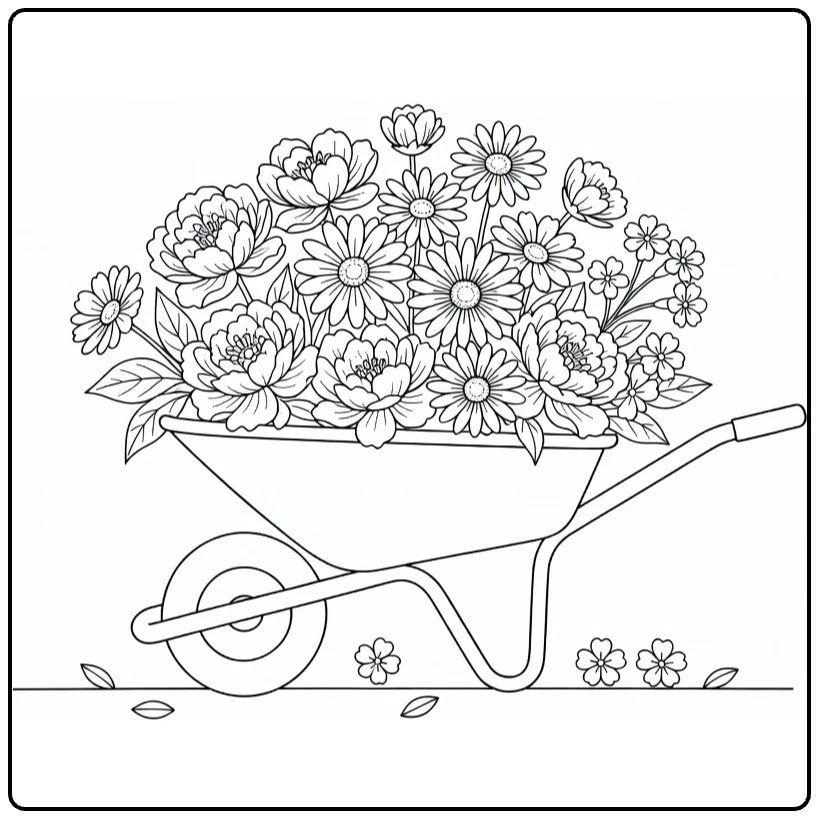 Lente bloemen kleurplaat met kruiwagen vol bloemen