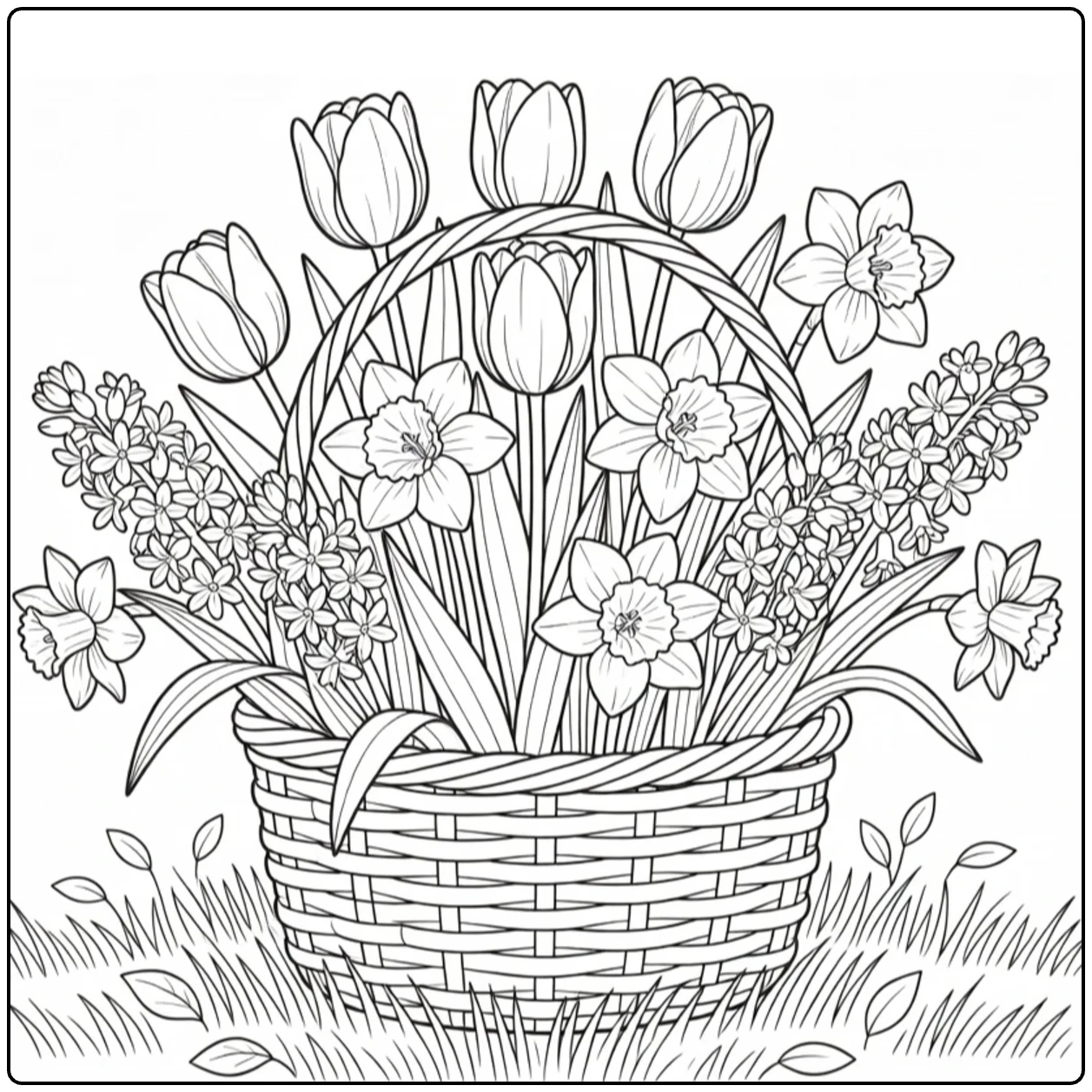 Lente bloemen kleurplaat mand met tulpen en narcissen