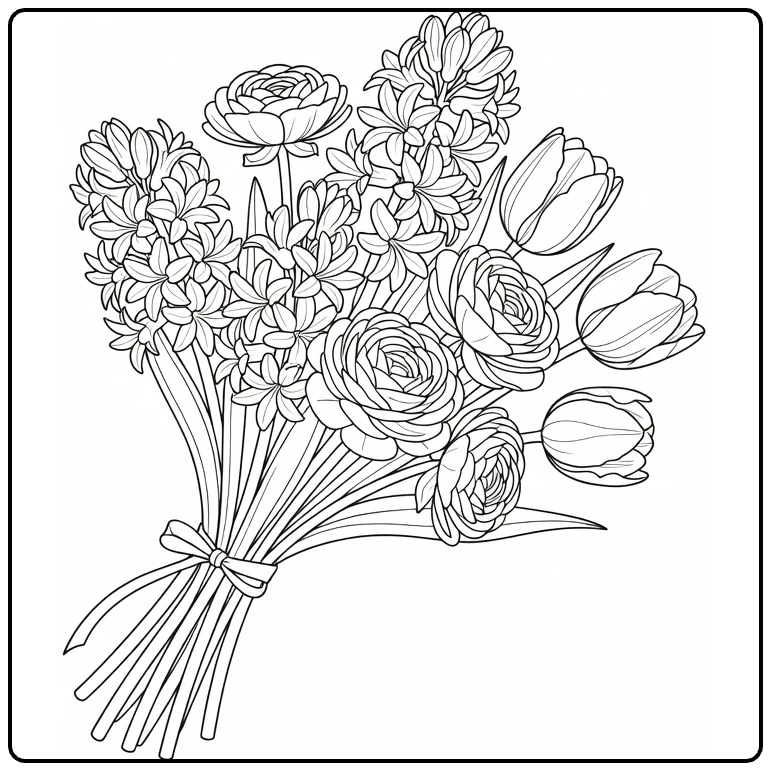 Lente bloemen kleurplaat met hyacinten ranunculus tulpen boeket