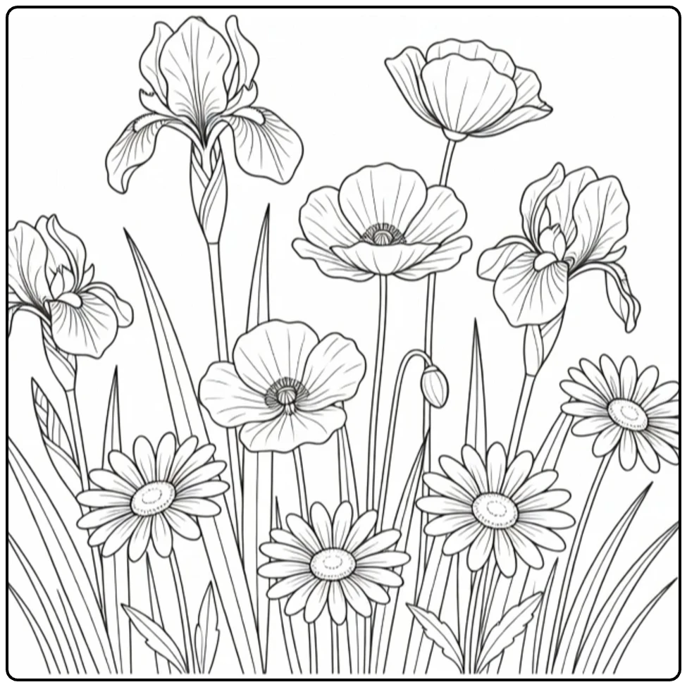 Lente bloemen kleurplaat met irissen, papavers en margrieten
