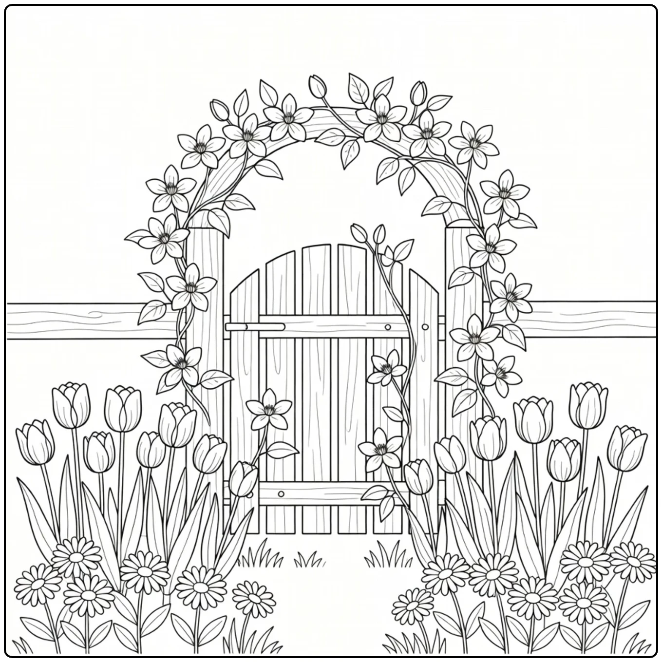lente bloemen kleurplaat met houten tuinpoort en bloemen