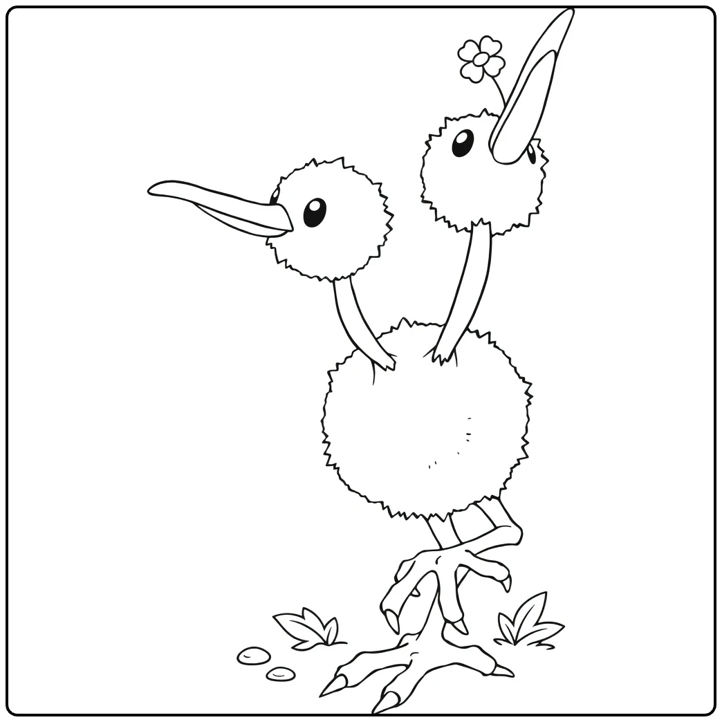 Doduo kleurplaat: tweekoppige Pokémon met bloem en gras