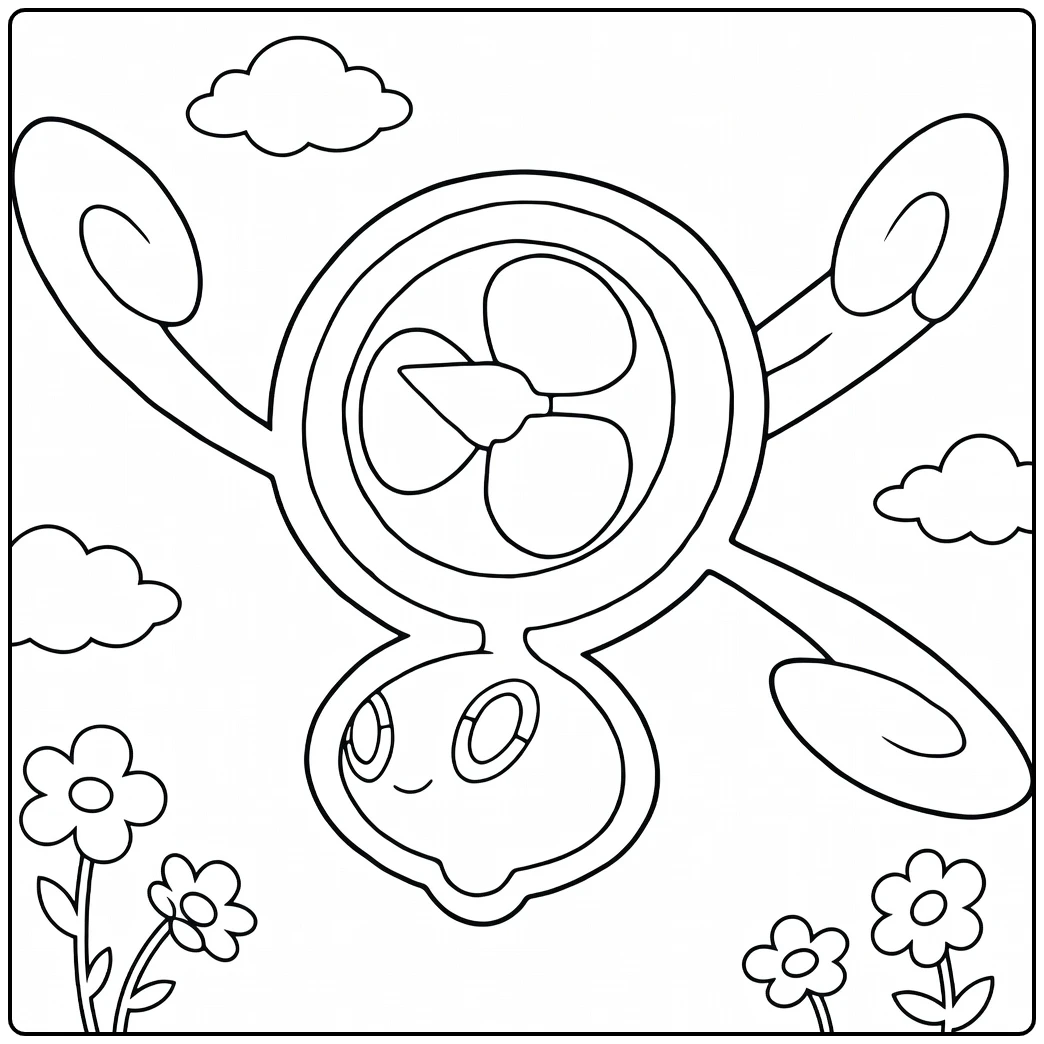 Fan Rotom Kleurplaat: schattige Pokémon met ventilator, wolken en bloemen