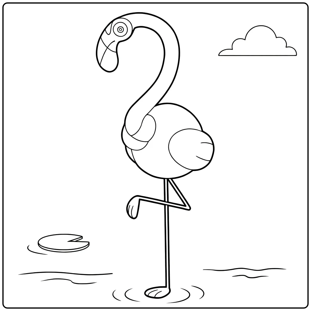 Flamigo Kleurplaat: flamingo op één poot in water met lelie