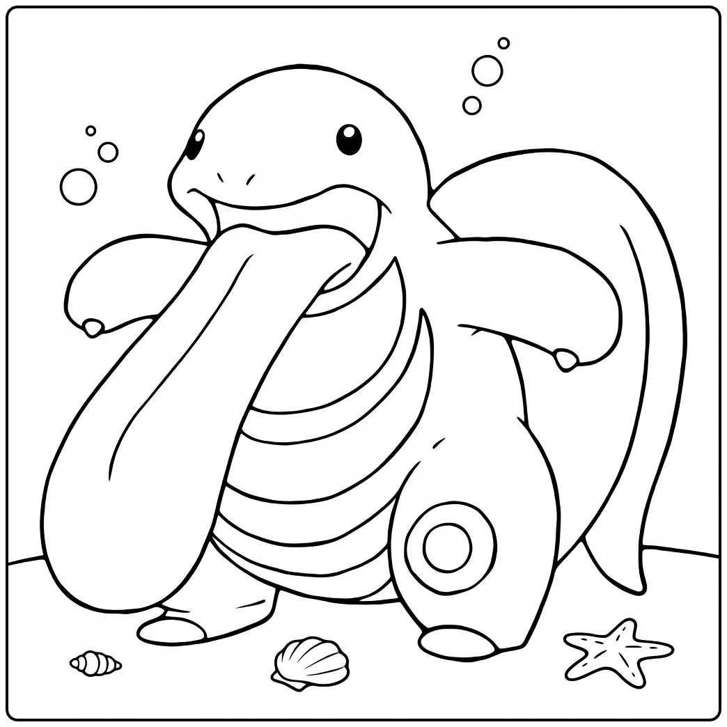 Lickitung kleurplaat met lange tong, bellen en schelpen