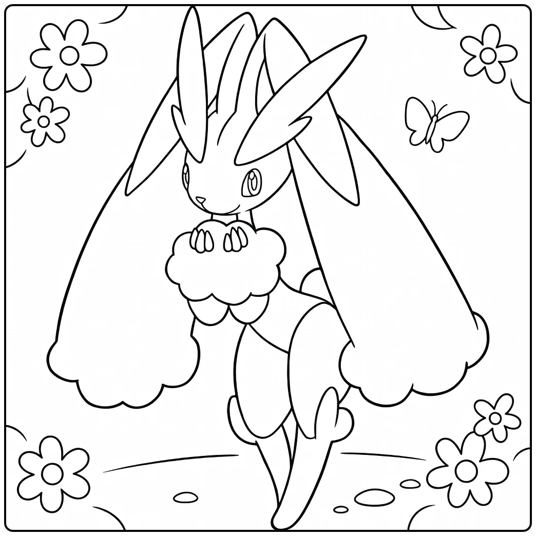 Lopunny kleurplaat met bloemen, vlinders en pluimen