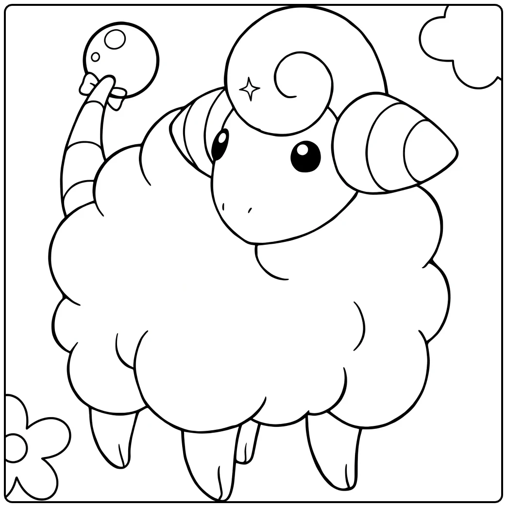 Mareep Kleurplaat: pluizig Pokémon schaap met bolstaart
