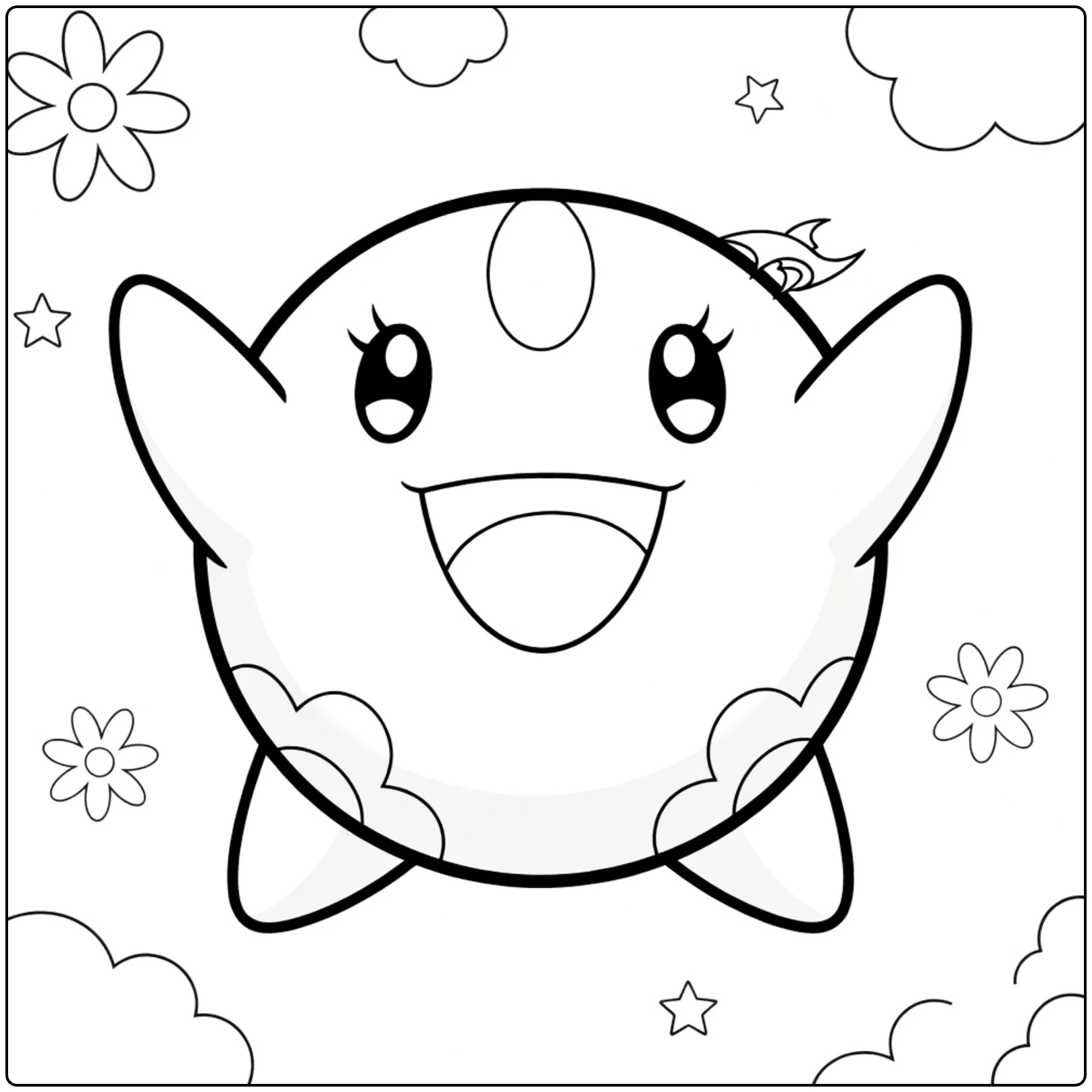 Munna Kleurplaat: schattige Pokémon met bloemen, wolken