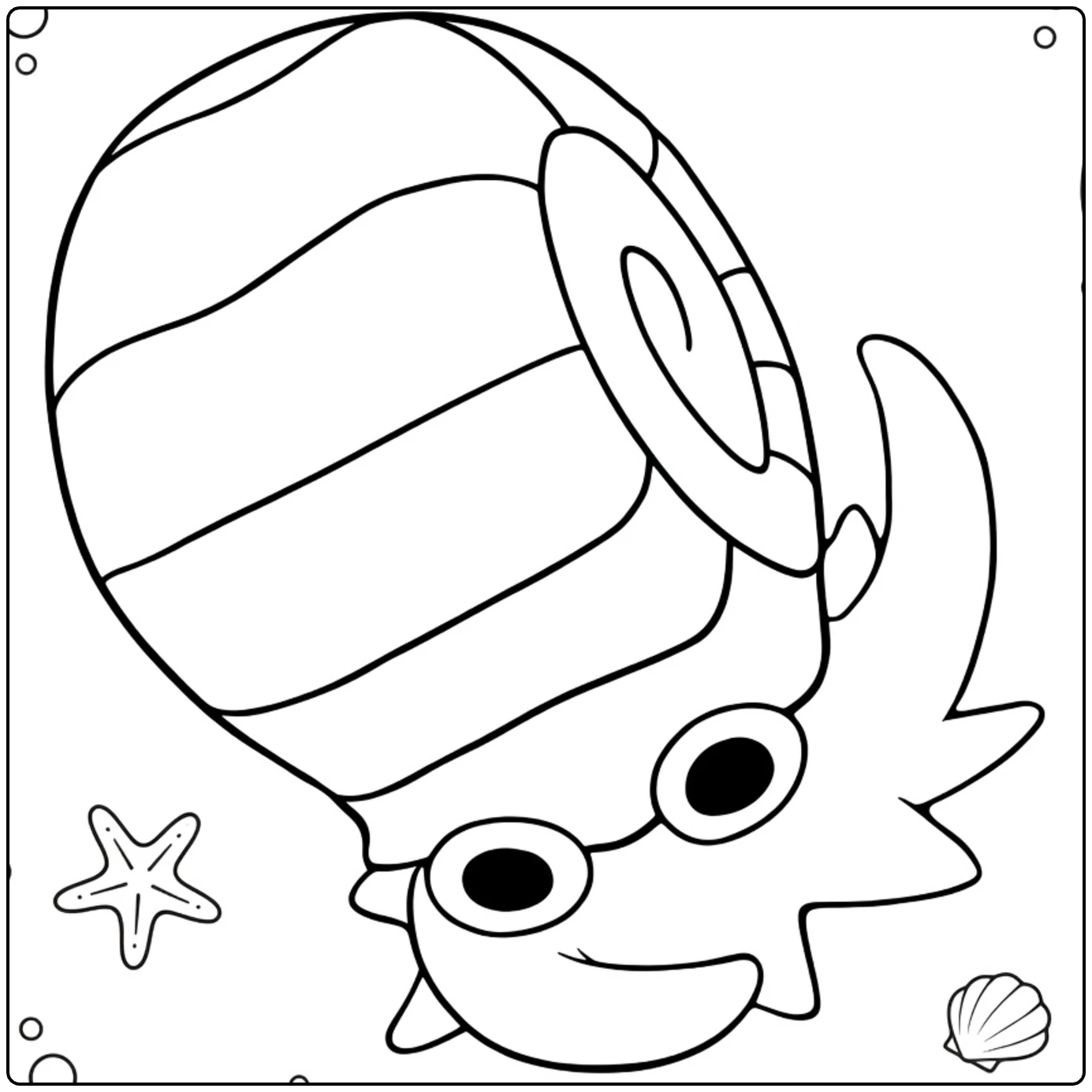 Omanyte kleurplaat met zwembril, bubbels en zeester