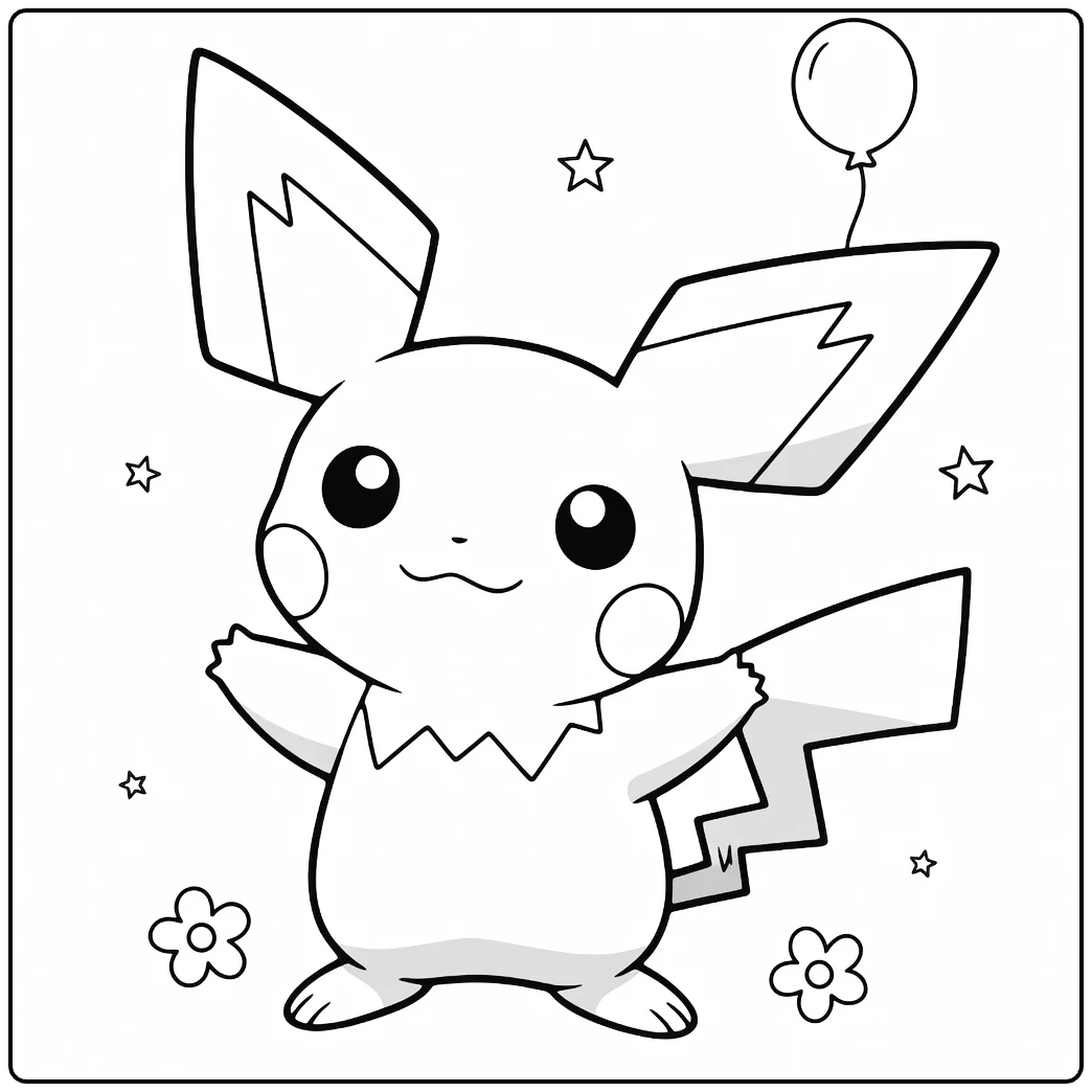 Pichu Kleurplaat met ballon, sterren en bloemen