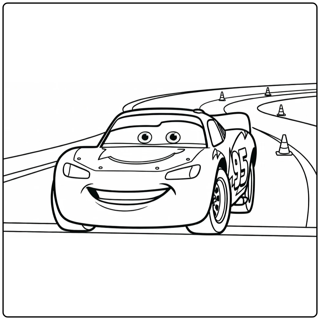 Lightning McQueen Kleurplaat op startlijn racebaan met kegels