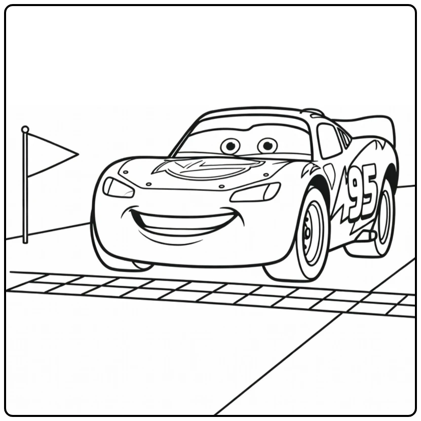 Lightning McQueen Kleurplaat: raceauto over finishlijn met vlaggen