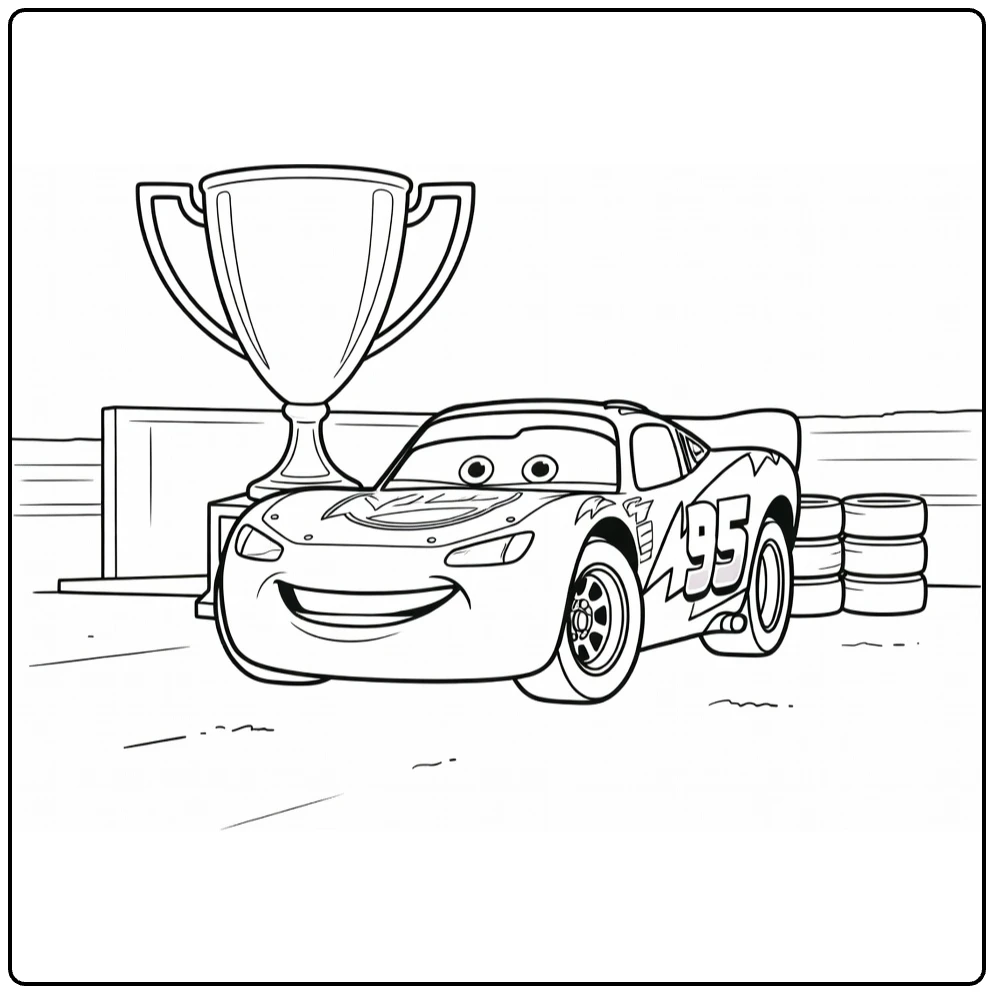Lightning McQueen Kleurplaat naast grote trofee met pit en banden