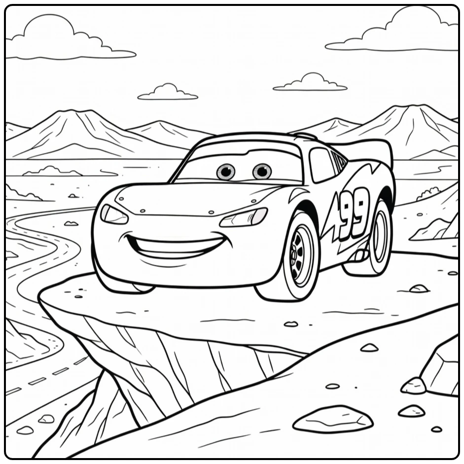 Lightning McQueen Kleurplaat op woestijnuitzicht met bergen