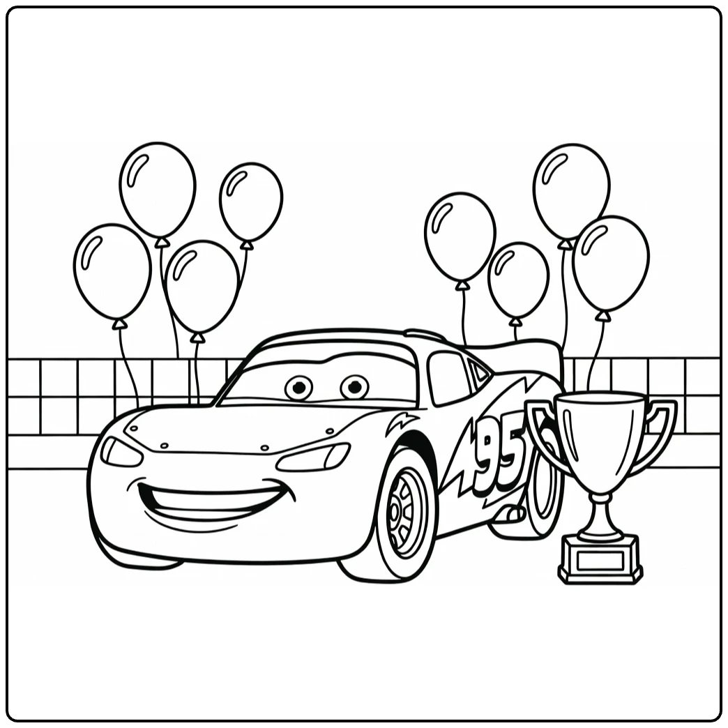 Lightning McQueen Kleurplaat met trofee, ballonnen en vlaggen