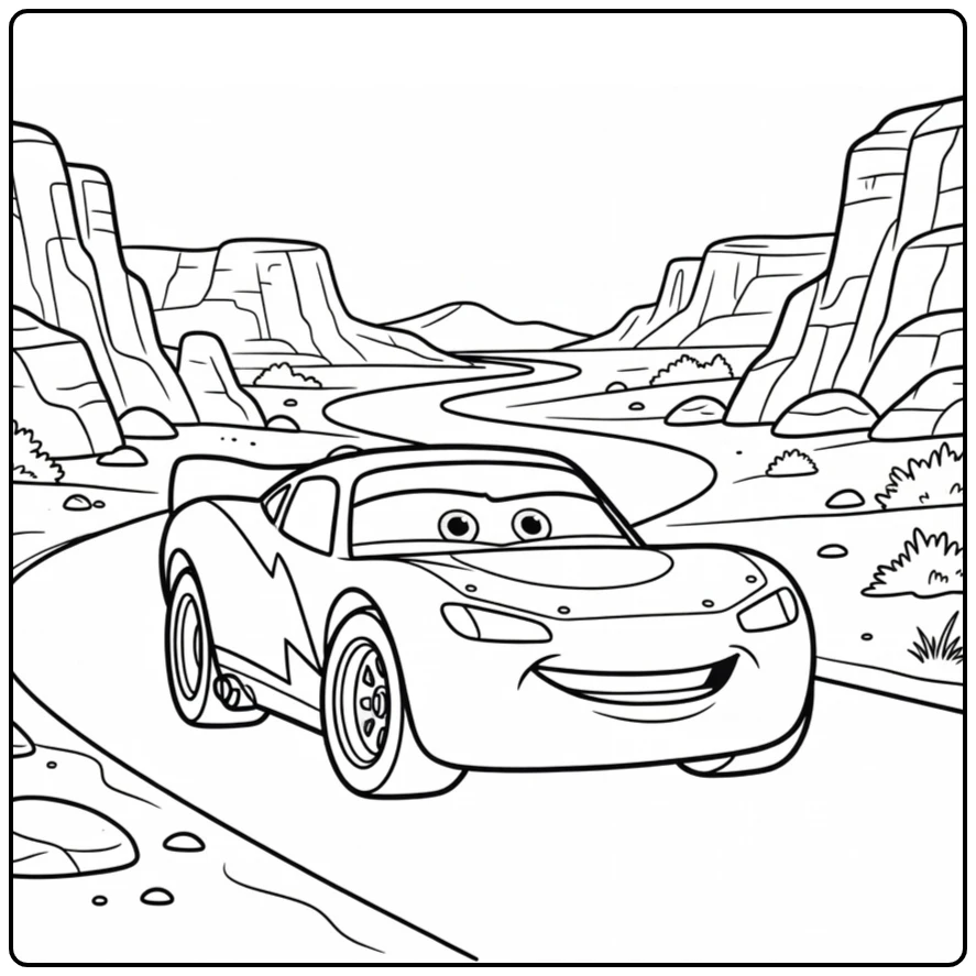 Lightning McQueen Kleurplaat raceauto bij woestijnkloof