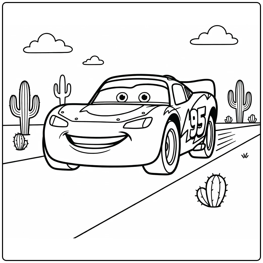 Lightning McQueen Kleurplaat racend door Radiator Springs vrolijk