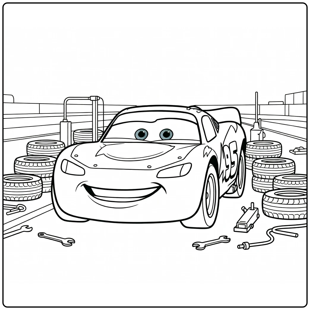 Lightning McQueen Kleurplaat pitstop met bandenstapels