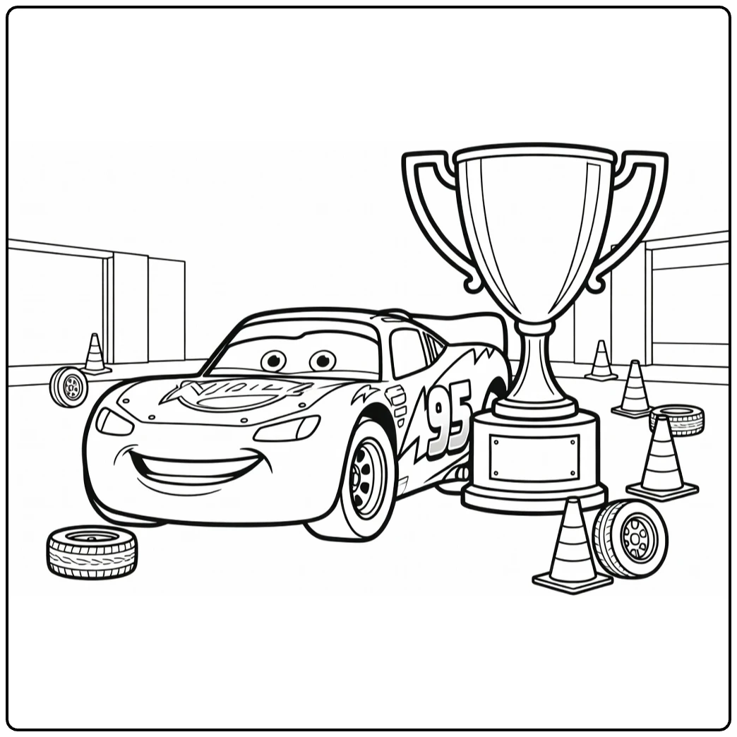 Lightning McQueen Kleurplaat met trofee, banden en kegels