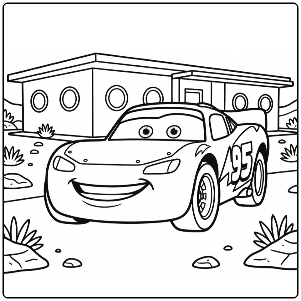 Lightning McQueen Kleurplaat lachende raceauto bij woestijnmotel