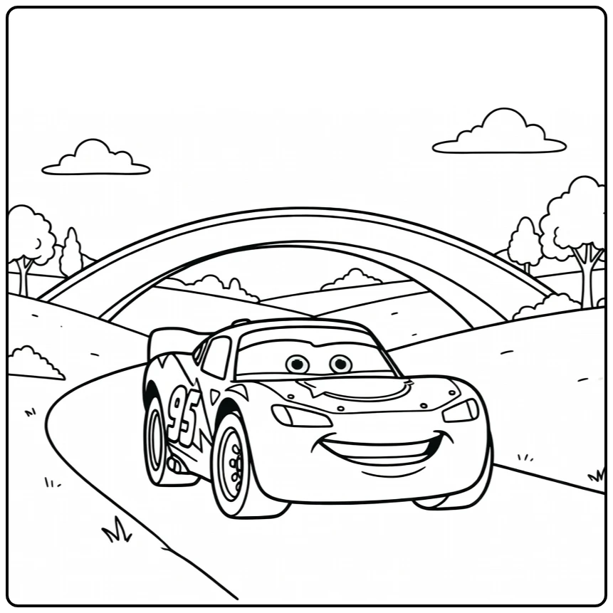 Lightning McQueen Kleurplaat onder brug op platteland