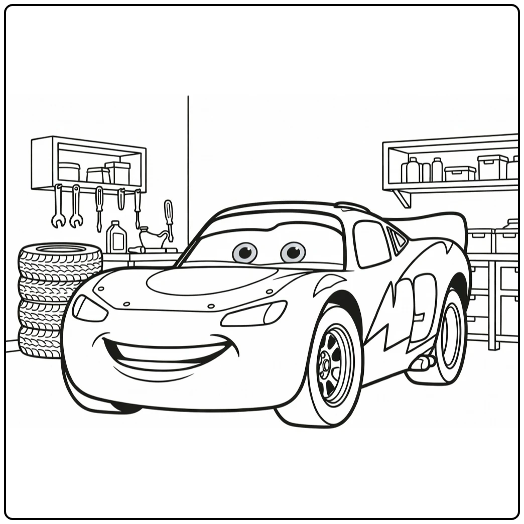 Lightning McQueen Kleurplaat in knusse garage met tools en banden