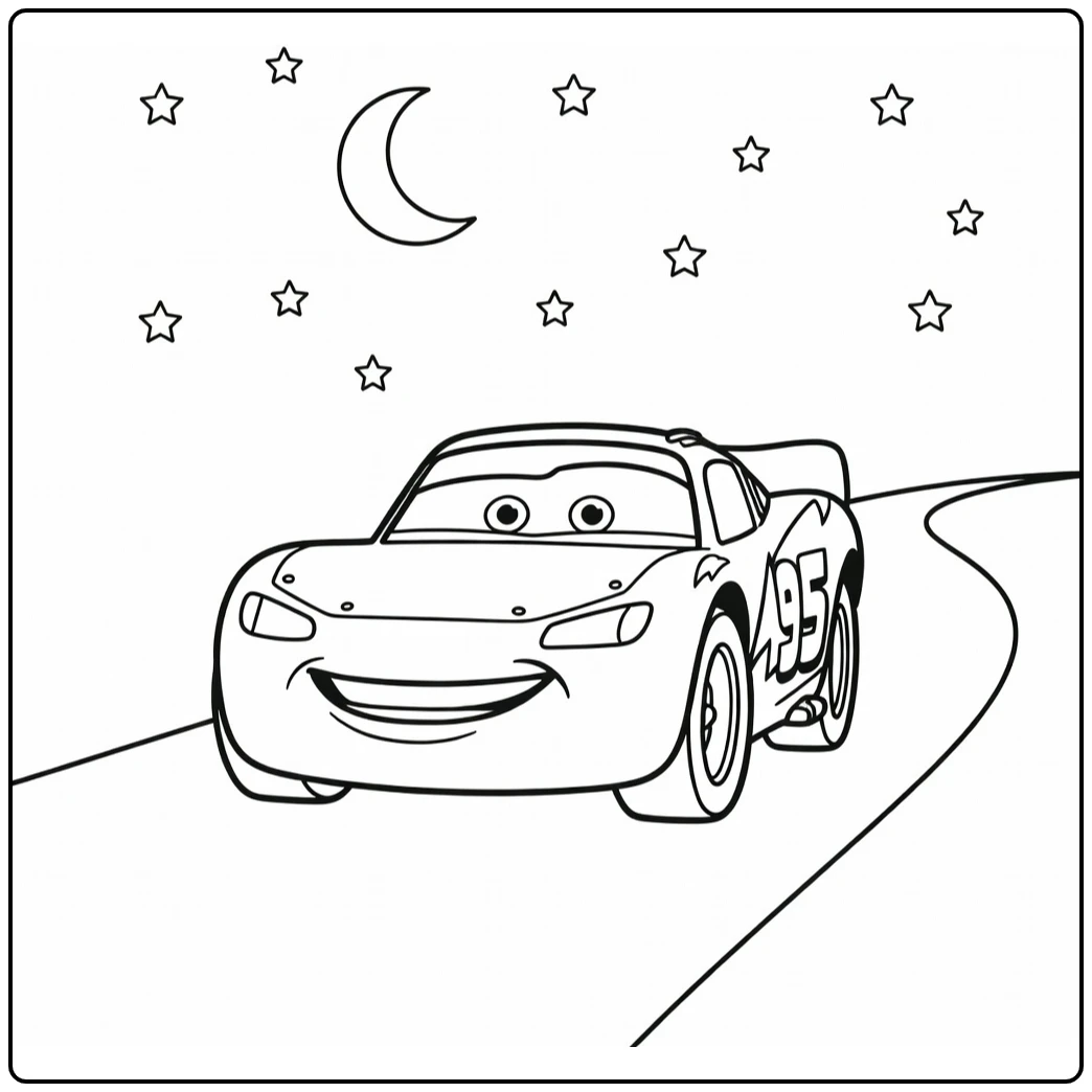 Lightning McQueen Kleurplaat nachtrit met maan en sterren