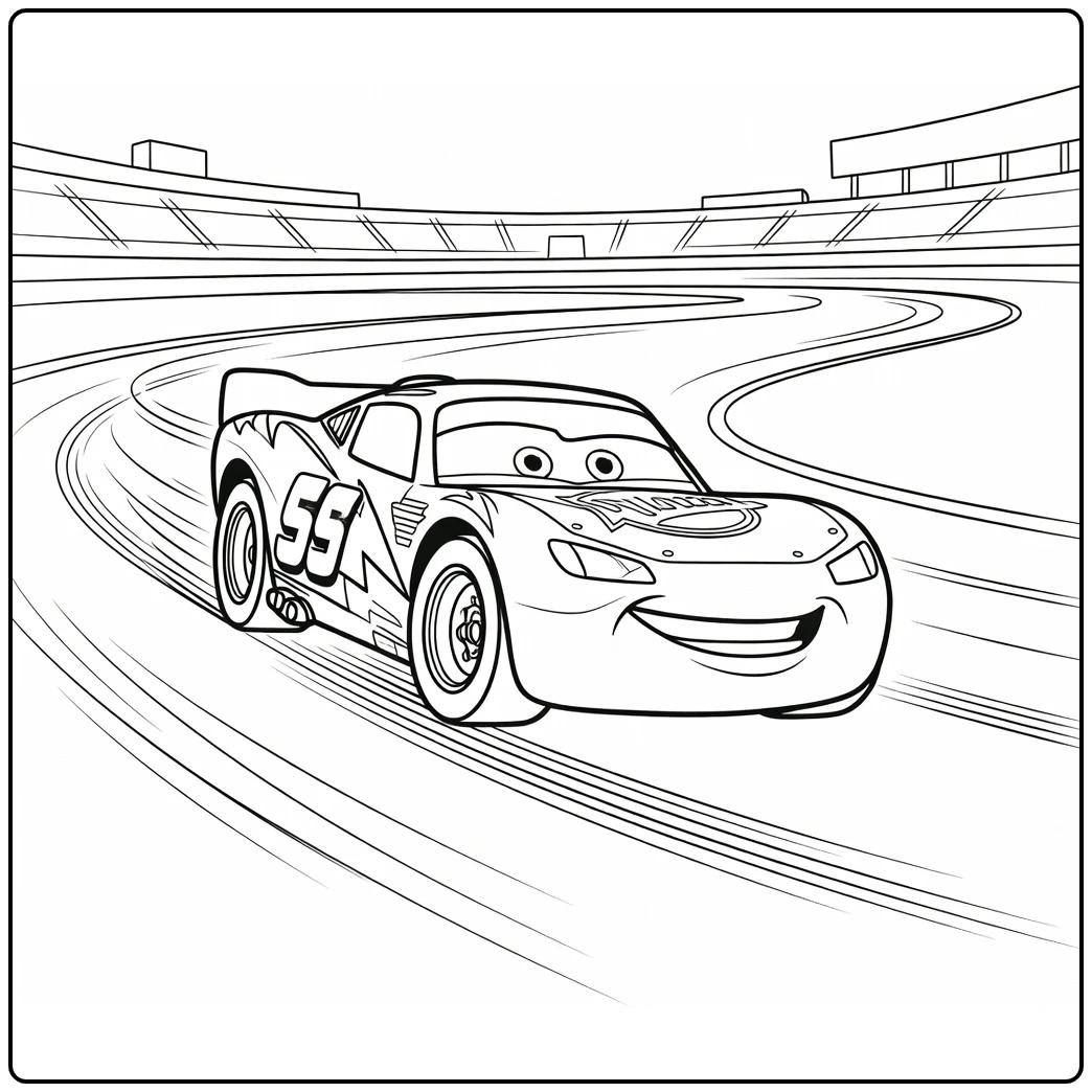Lightning McQueen Kleurplaat raceauto in bocht op baan met strepen