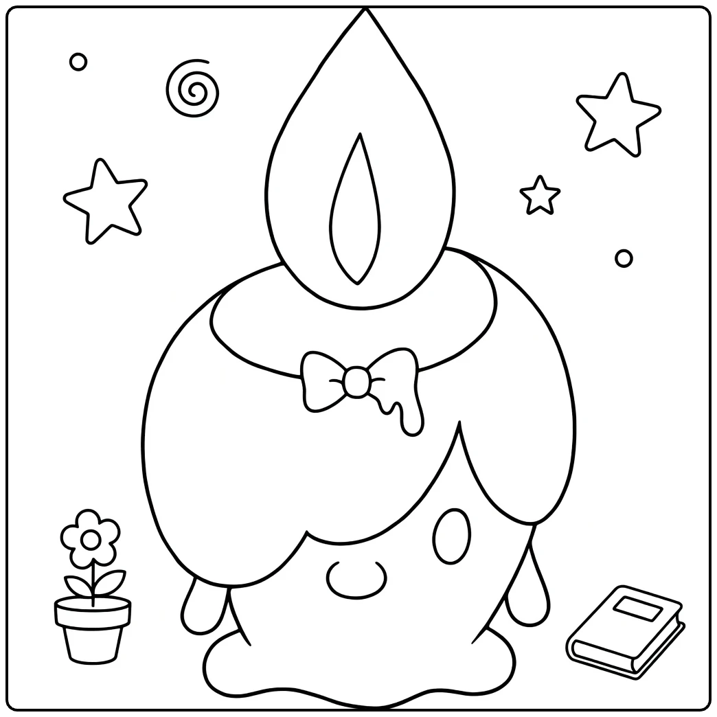 Litwick Kleurplaat: schattig kaarsje met strik, bloem en boek
