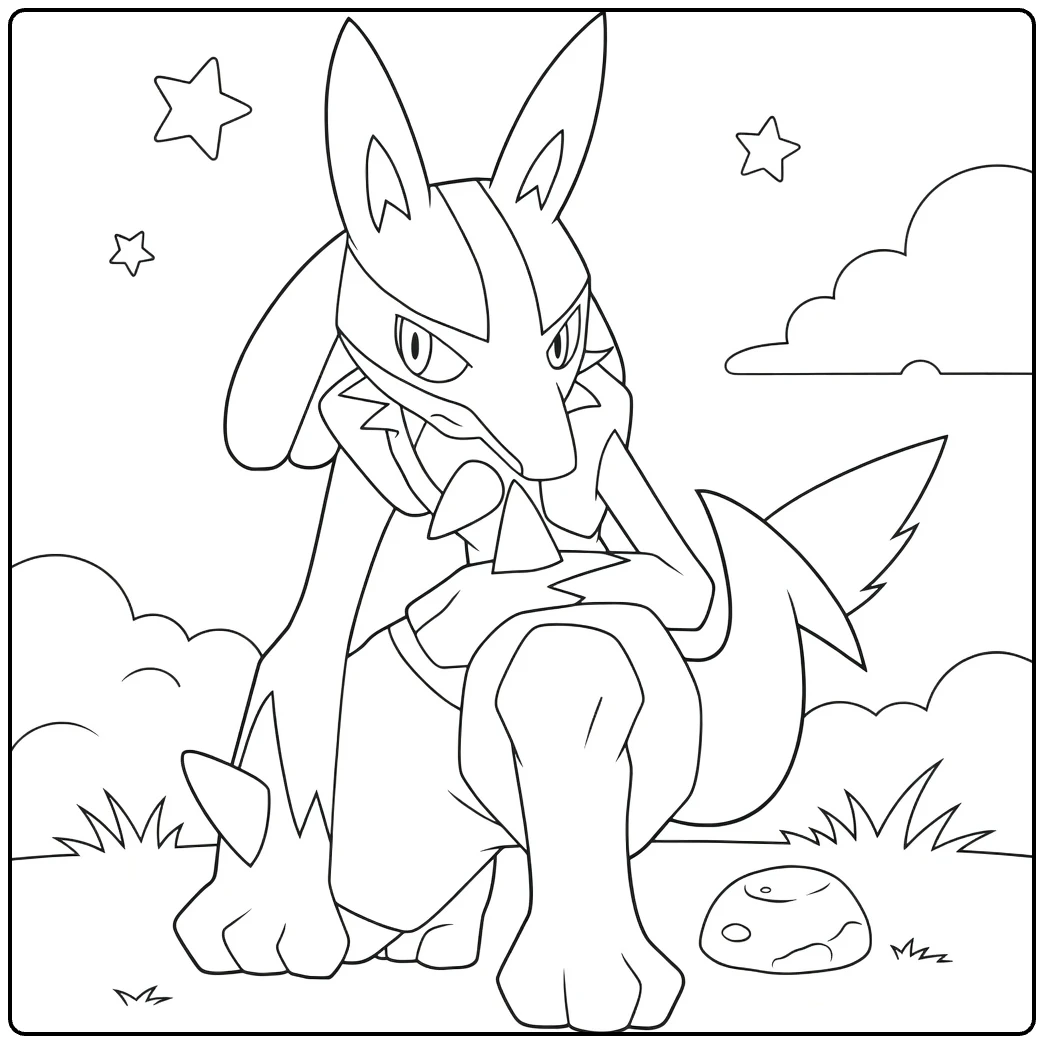Lucario kleurplaat: krachtige Pokémon met sterren en wolken