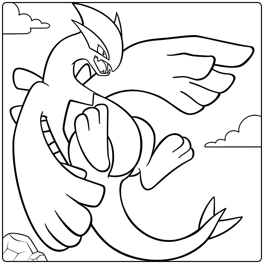 Lugia Kleurplaat - Vliegende Lugia met wolken en vleugels