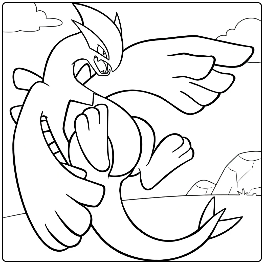 Lugia Kleurplaat: vliegende Lugia met wolken en rotsen