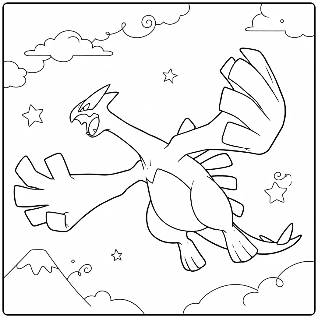 Lugia Kleurplaat: vliegende Pokémon met wolken, sterren