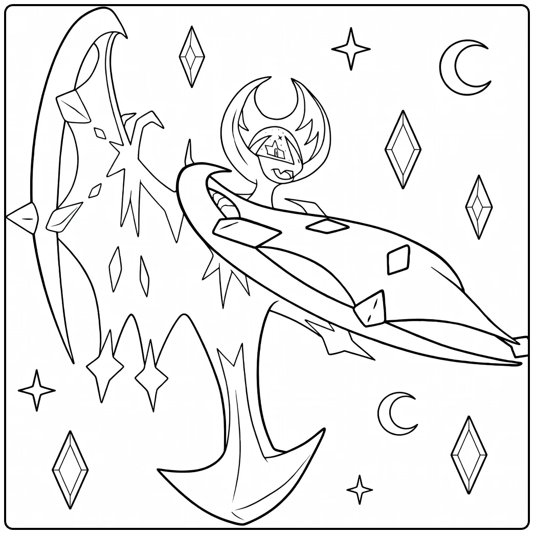 Lunala Kleurplaat: maan-Pokémon met vleugels en sterren