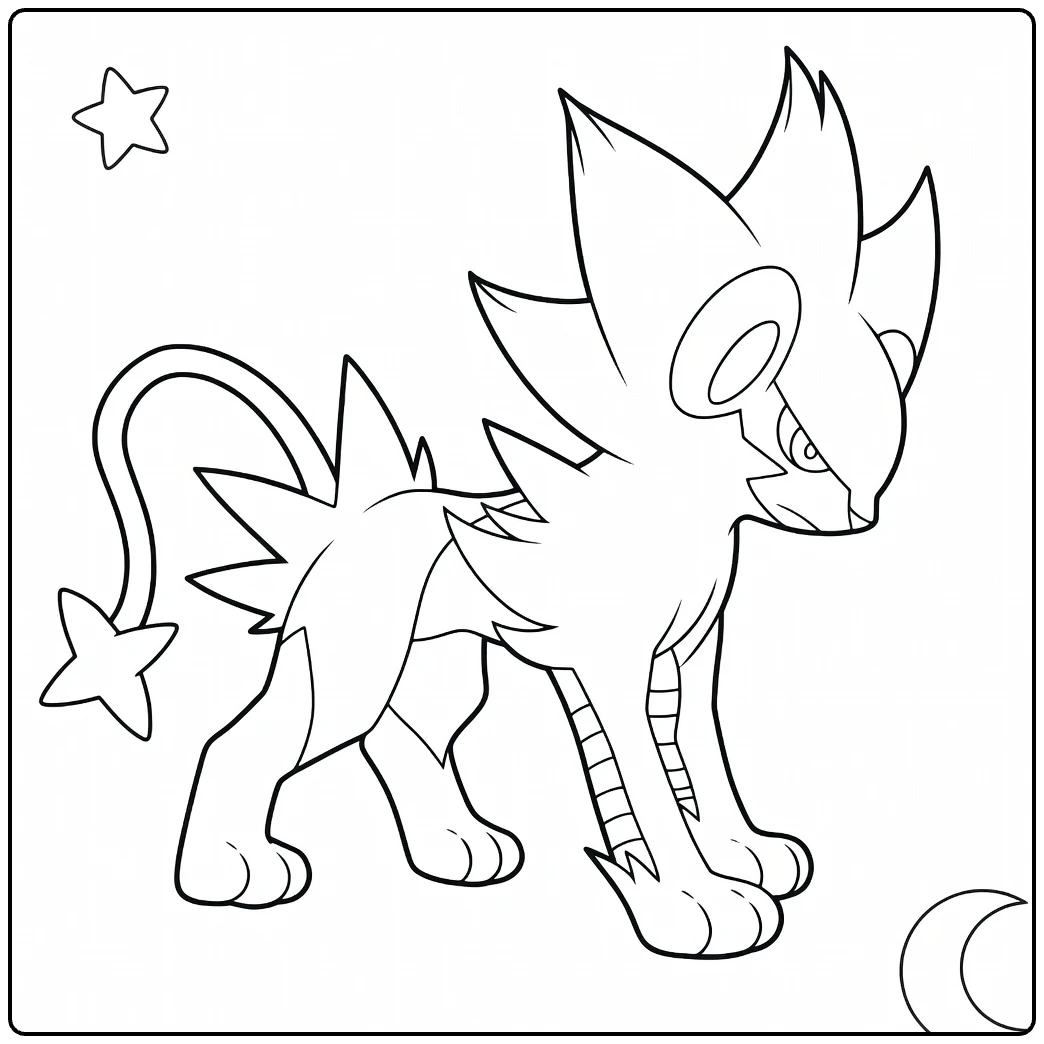 Luxray Kleurplaat: stoere Pokémon leeuw met sterren en maan