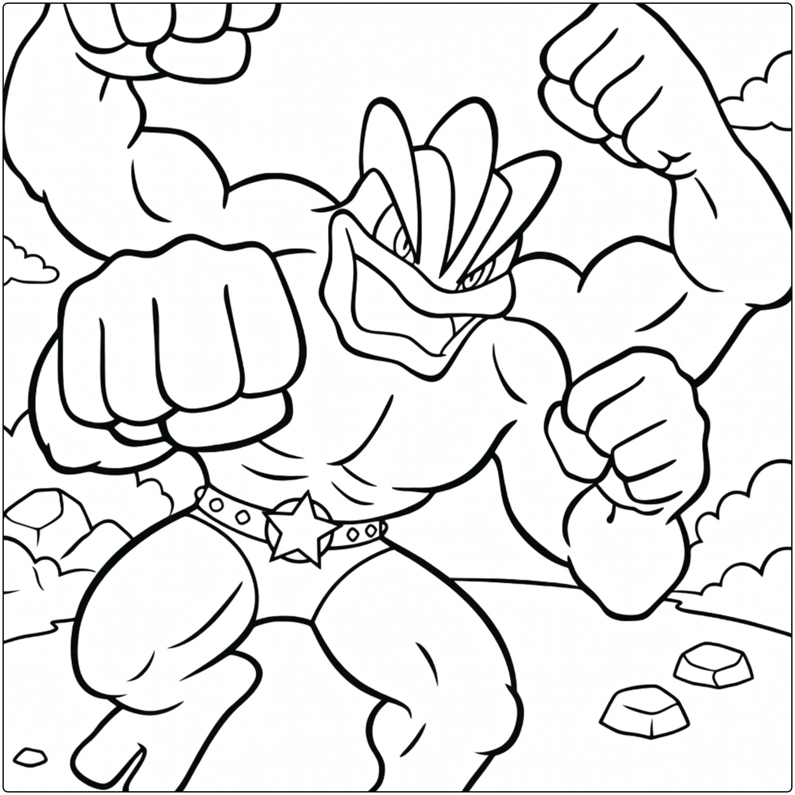 Machamp Kleurplaat: gespierde Pokémon met vier vuisten