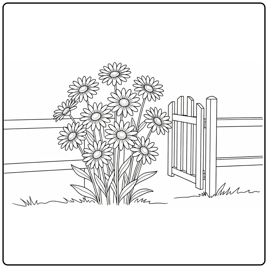 Madelief kleurplaat met bloemen naast open tuinpoort