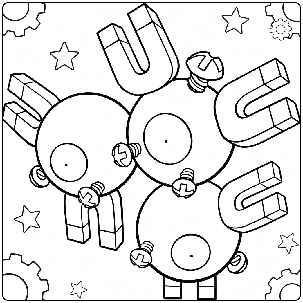Magneton kleurplaat Pokémon met magneten en tandwielen