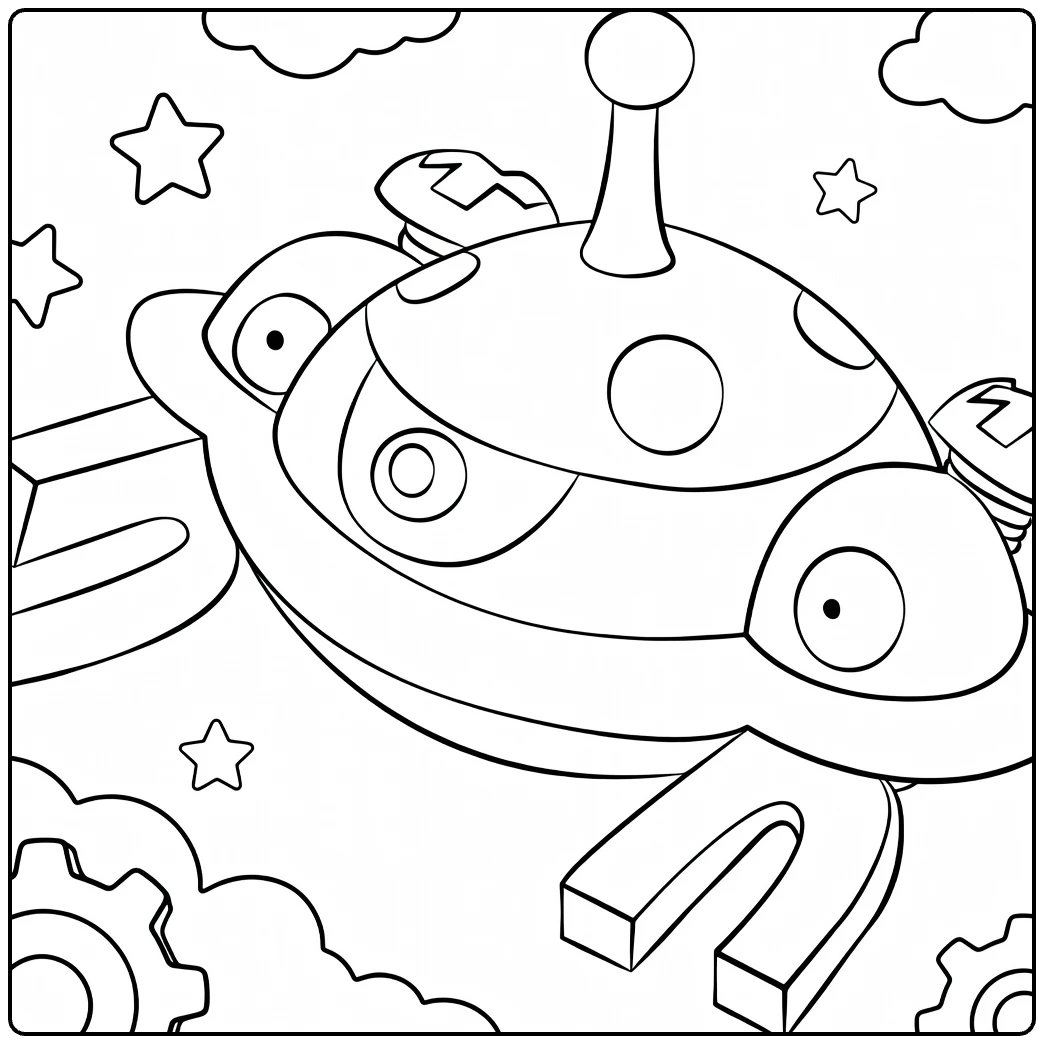 Magnezone kleurplaat: magnetische UFO Pokémon met tandwielen