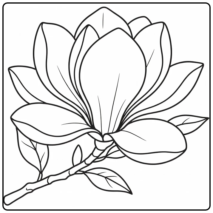 magnolia kleurplaat met bloem op gebogen tak en bladeren