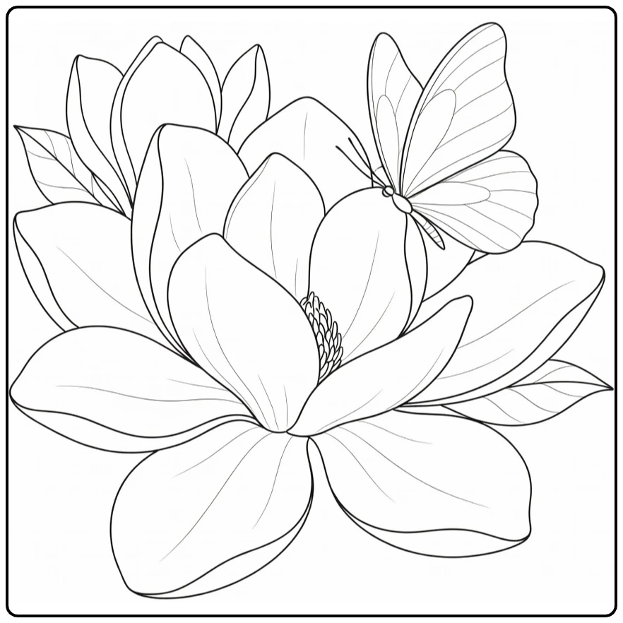 magnolia kleurplaat met vlinder op grote bloesem