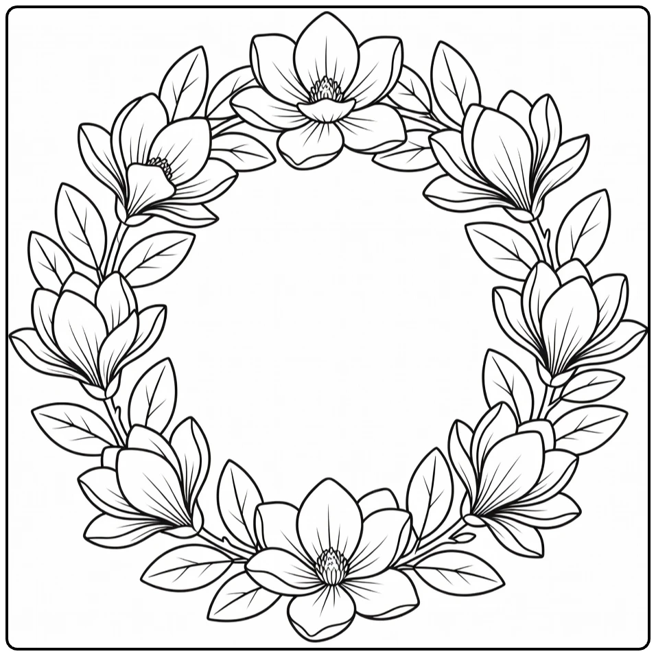 magnolia kleurplaat met bloemen en ovale bladeren in cirkel