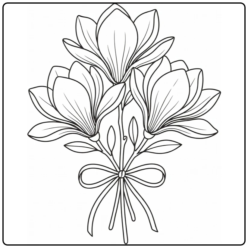 Magnolia kleurplaat boeket met drie bloemen en lint