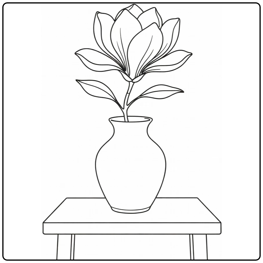 magnolia kleurplaat met bloem in keramische vaas op tafel