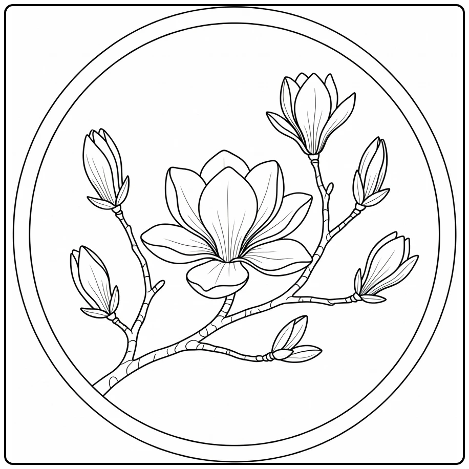 magnolia kleurplaat tak met bloem voor rond venster