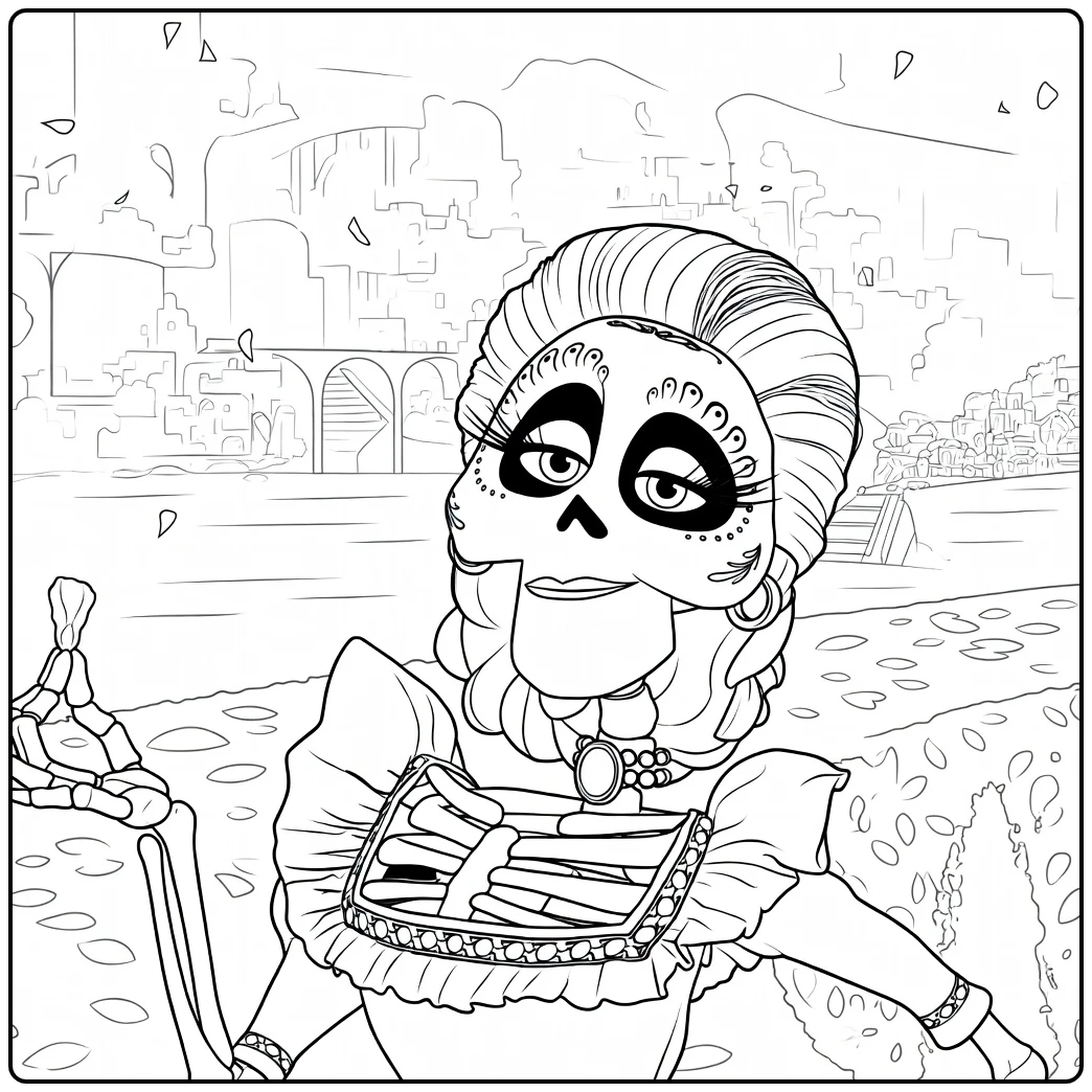 Mamá Coco Kleurplaat met calavera gezicht en fotolijst