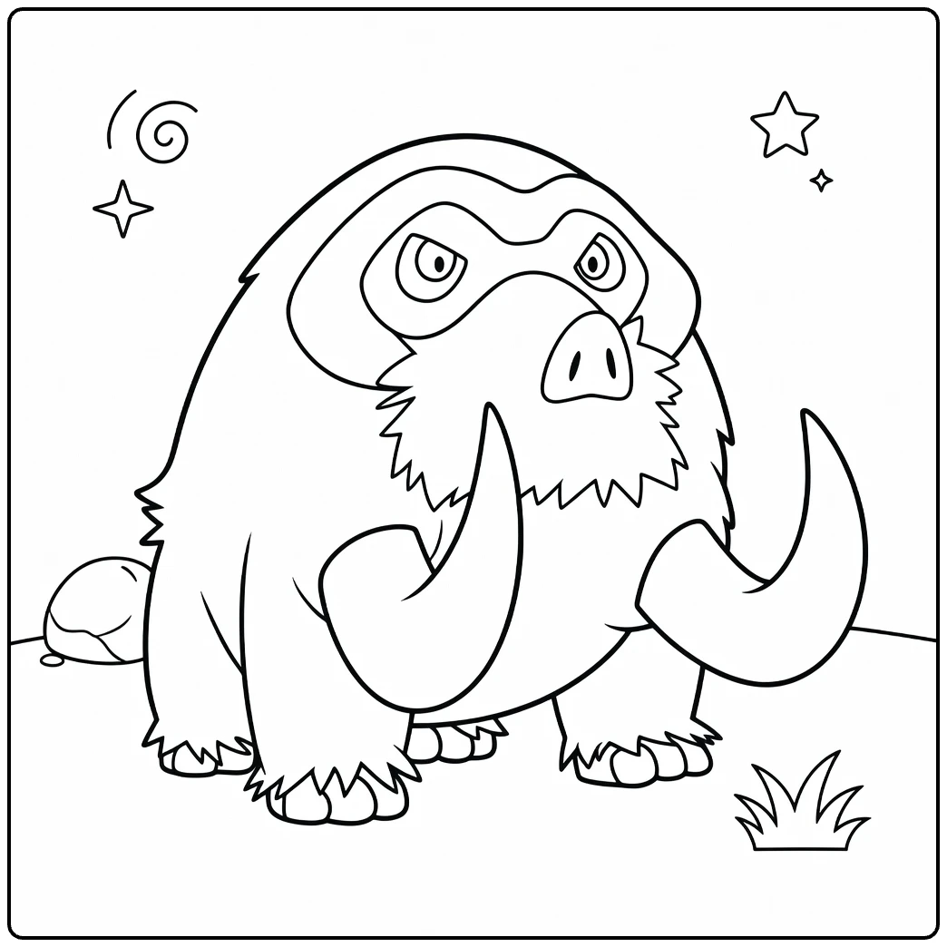 Mamoswine kleurplaat: boze harige Pokémon met slagtanden