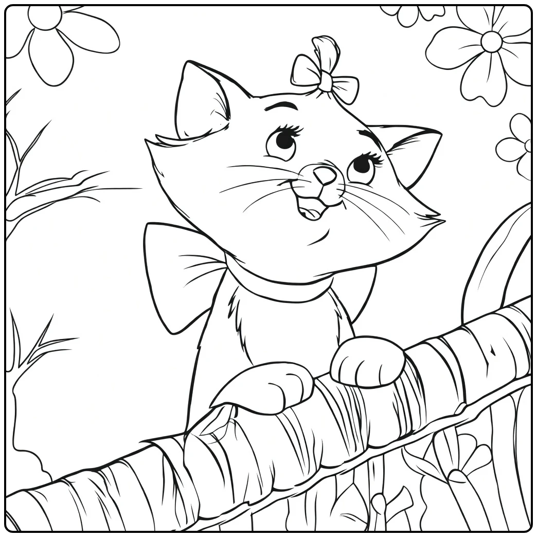Marie Kleurplaat schattige kat met strikken en bloemen